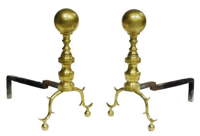 Pair of early brass andirons with cannonball finials, 19th C., brass fronts with large orb over