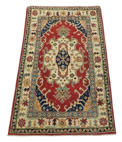 RUG: Uzbek Kazak, 3' 2" x 5' 3", wool on cotton, red ground with major cream border, accents of