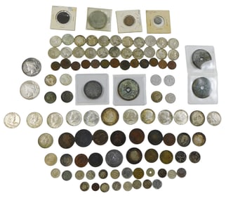 COINS- Lot of US and world coins. U.S. coins include: three common date silver dollars with Almost