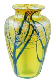 ART GLASS: Orient & Flume art glass vase, allover hawthorn trees with blooming flowers millefiori on