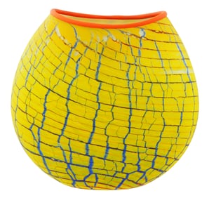 ART GLASS: Gary Nash (New Zealand, b. 1955) studio glass vase, yellow and blue crackle finish with