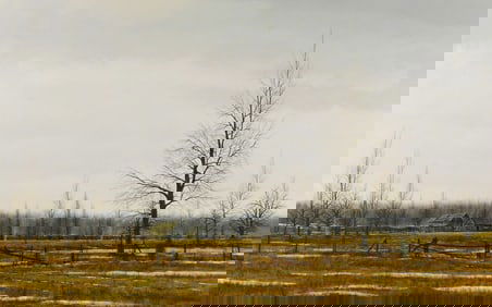 David Kenneth Merrill (American, b. 1935), "Thawing", c. 1973, acrylic on canvas, landscape in the