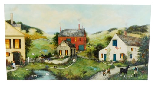 Linda Nelson Stocks (American, 1938 - 2011), "The Flower Basket", depicts idealized country-side