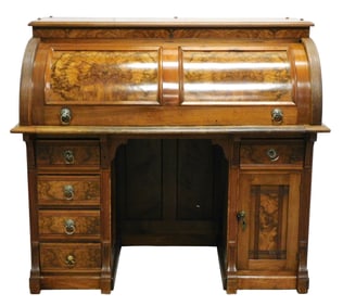 Late 19th C. roll top desk, American, cylinder roll top desk in walnut, book matched veneer cylinder