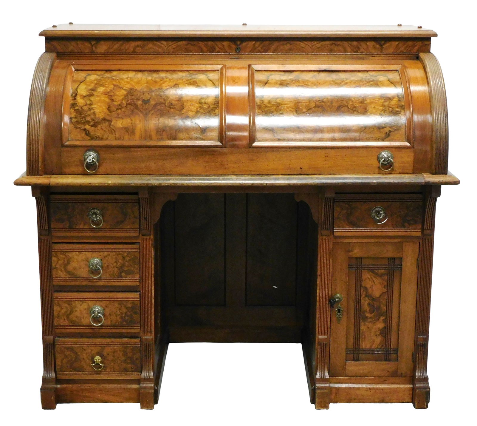 Late 19th C. roll top desk, American, cylinder roll top desk in walnut, book matched veneer cylinder (1 of 5)