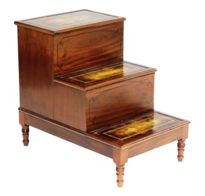 Library / Bed steps, English style, mahogany frame with tooled leather panel tops with gold