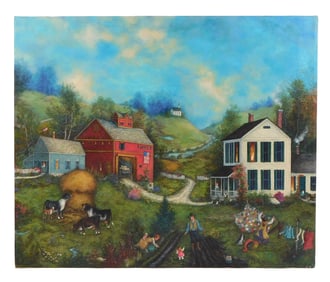 Linda Nelson Stocks (American, 1938 - 2011), "Untitled (Cows with Haystack), 2002, oil on canvas,