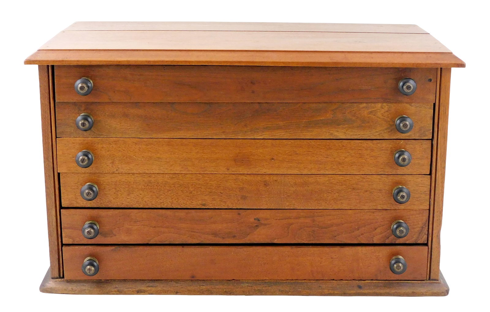 Spool cabinet, American, late 19th - mid 20th C., oak case, rectangular form with bank of six long (1 of 4)