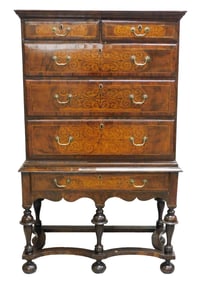 +William and Mary high chest, likely English, late 17th -18th C, hardwood veneer on pine, bail