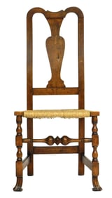 Queen Anne Side chair, New England, 18th C., maple, shaped and notched crest spooned stiles with