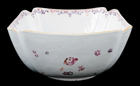 ASIAN: Chinese Export Famille Rose bowl, late 18th C., square with canted corners, hand-decorated