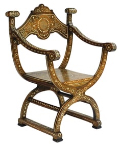 Syrian Savonarola inlaid chair, hardwood with inlaid design on arms, and crest at back, hardwood,