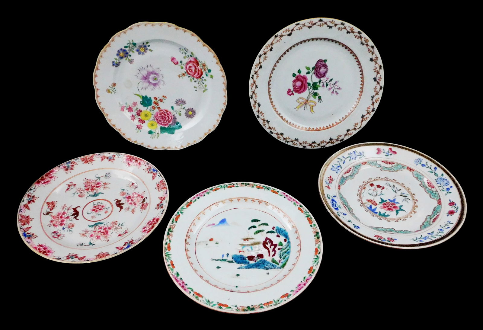 ASIAN: Five Chinese Export porcelain plates, late 18th/early 19th C., all hand-painted in a variety (1 of 2)