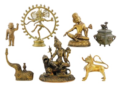 ASIAN: Metalware figural sculptures and other pieces, seven total, details include: dancing Shiva as