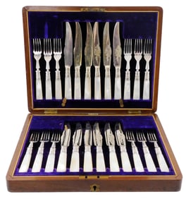 English silverplate and mother of pearl fish service in presentation box, twenty-four pieces, ornate