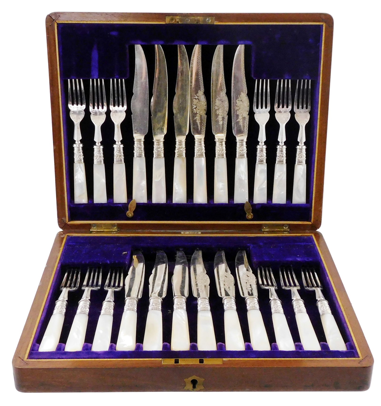 English silverplate and mother of pearl fish service in presentation box, twenty-four pieces, ornate (1 of 3)