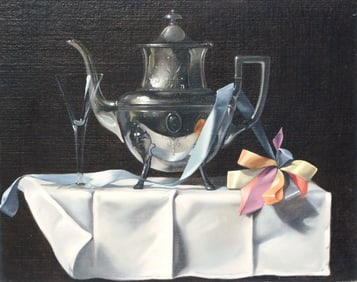Ronald Lee Anderson (American, 1929 - 2002), trompe l'oeil still life with silver teapot and pink