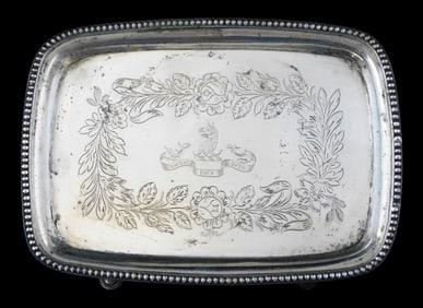 SILVER: Early Southern silver salver by John Ewan (South Carolina, 1776 -1853), oblong with beaded