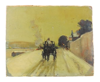 In the manner of Childe Hassam (American, 1859 - 1935), "Along the Seine, Winter", oil on canvas