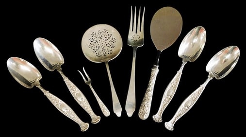STERLING: Tiffany & Co., Whiting Manf., and Kirk & Son, eight pieces total, details include: four