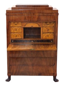 +Biedermeier Secrétaire à abattant desk, c. 1830s, mahogany and figured walnut veneer with