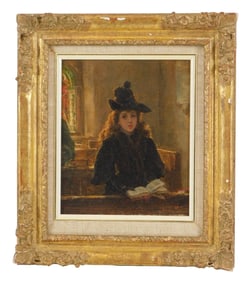 Portrait, late 19th C., oil on canvas, a young woman in a bonnet and coat stands in a church pew,