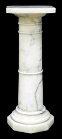 Marble pedestal stand, white marble with contrasting gray veining, square cut-corner top, columnar