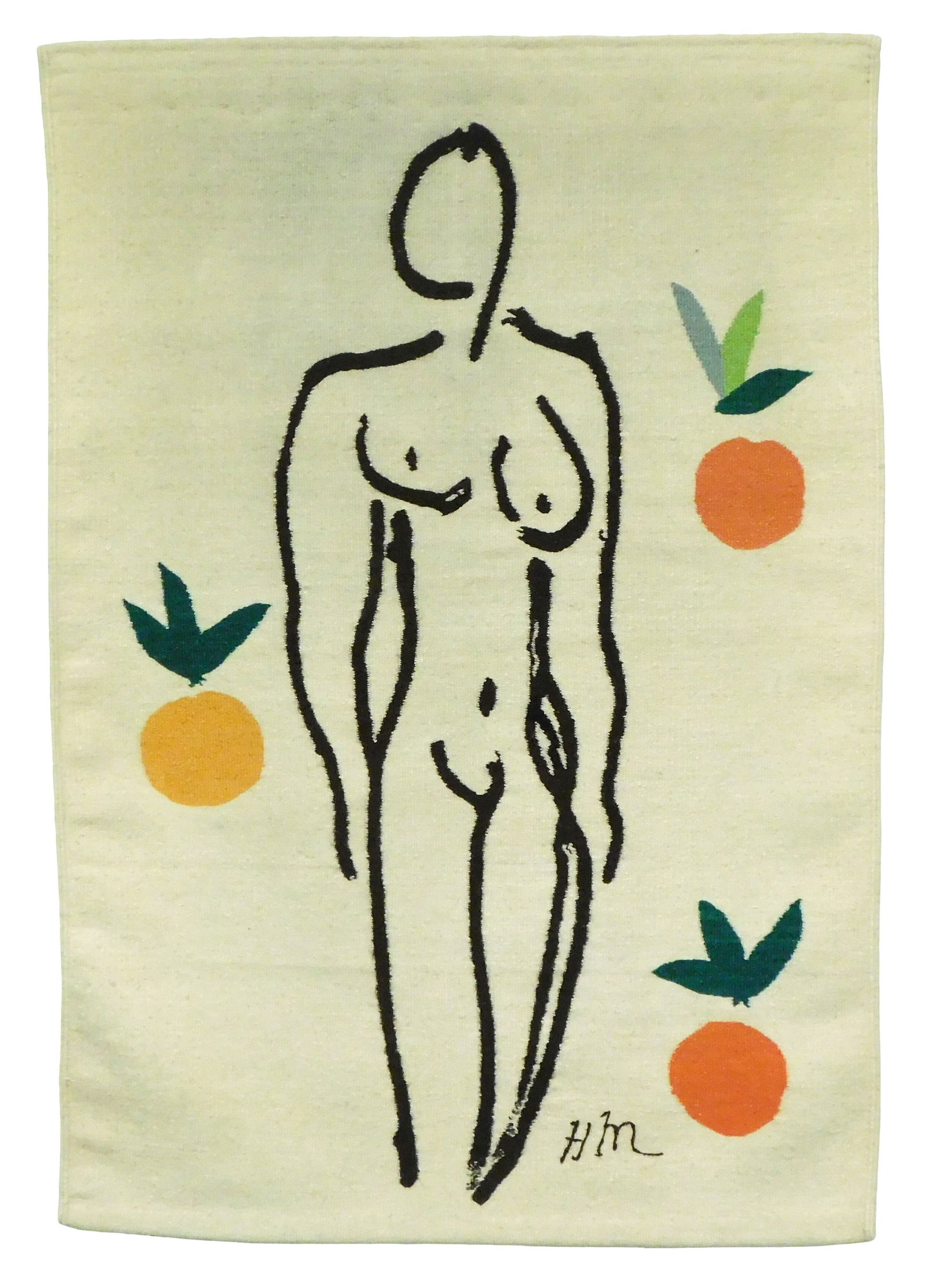 +After Henri Matisse, woven wool tapestry featuring “Nu aux Oranges (Nude with Oranges)??,: +After Henri Matisse, woven wool tapestry featuring “Nu aux Oranges (Nude with Oranges)”, depicts stylized female figure surrounded by three oranges in varying hues, monogrammed “HM” l