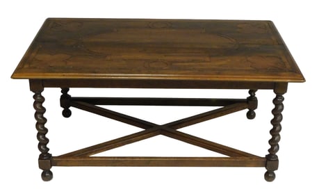 Inlaid coffee table with turned legs, 20th C., comprised of older parts, marquetry inlay top with ov