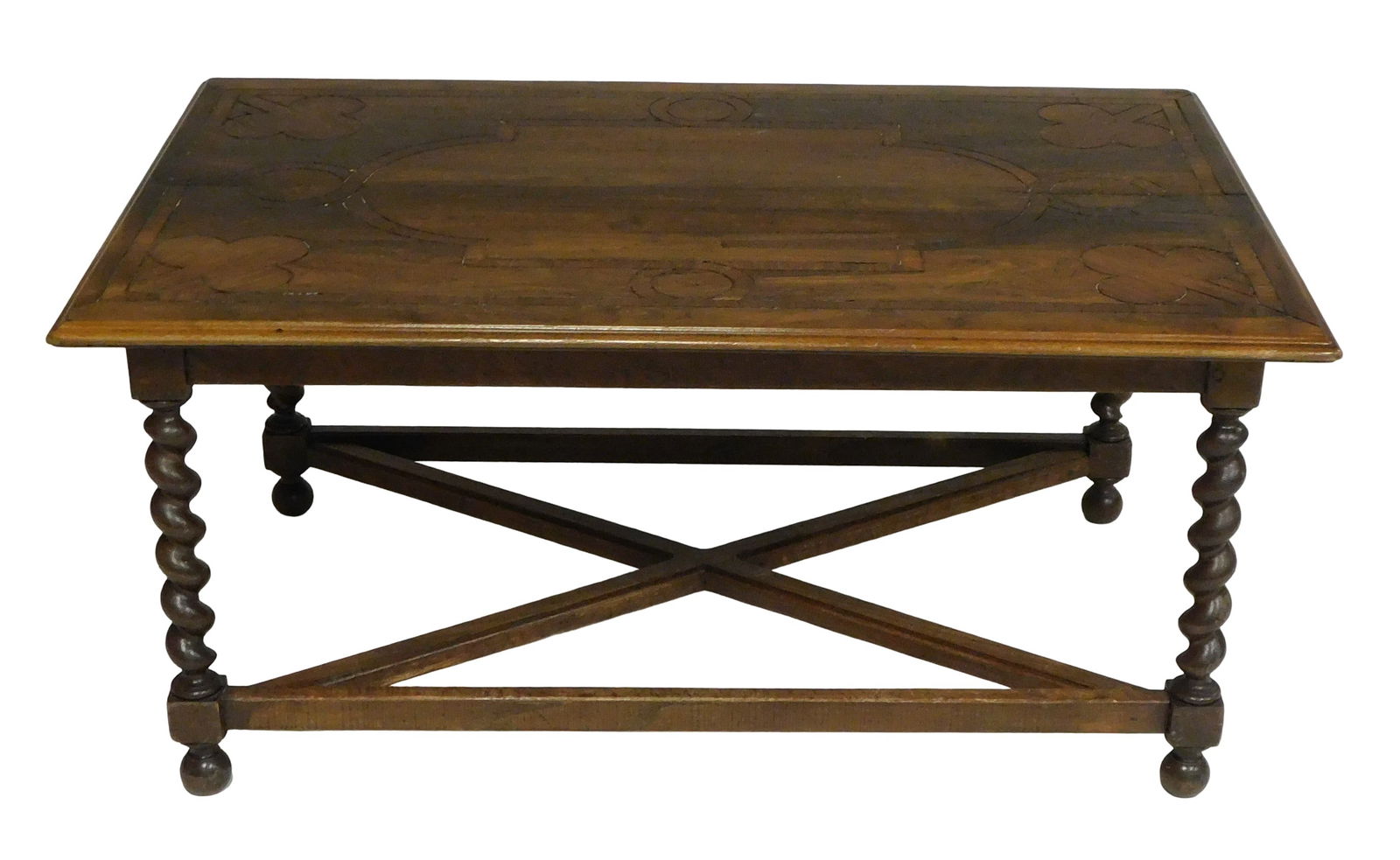 Inlaid coffee table with turned legs, 20th C., comprised of older parts, marquetry inlay top with ov (1 of 3)