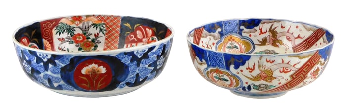 ASIAN: Two Imari bowls, Japanese, glazed with blue and red decoration on white ground, accents of