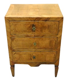 +North Italian/ Louis XVI style marquetry three-drawer chest, decorative veneer and inlay throughout
