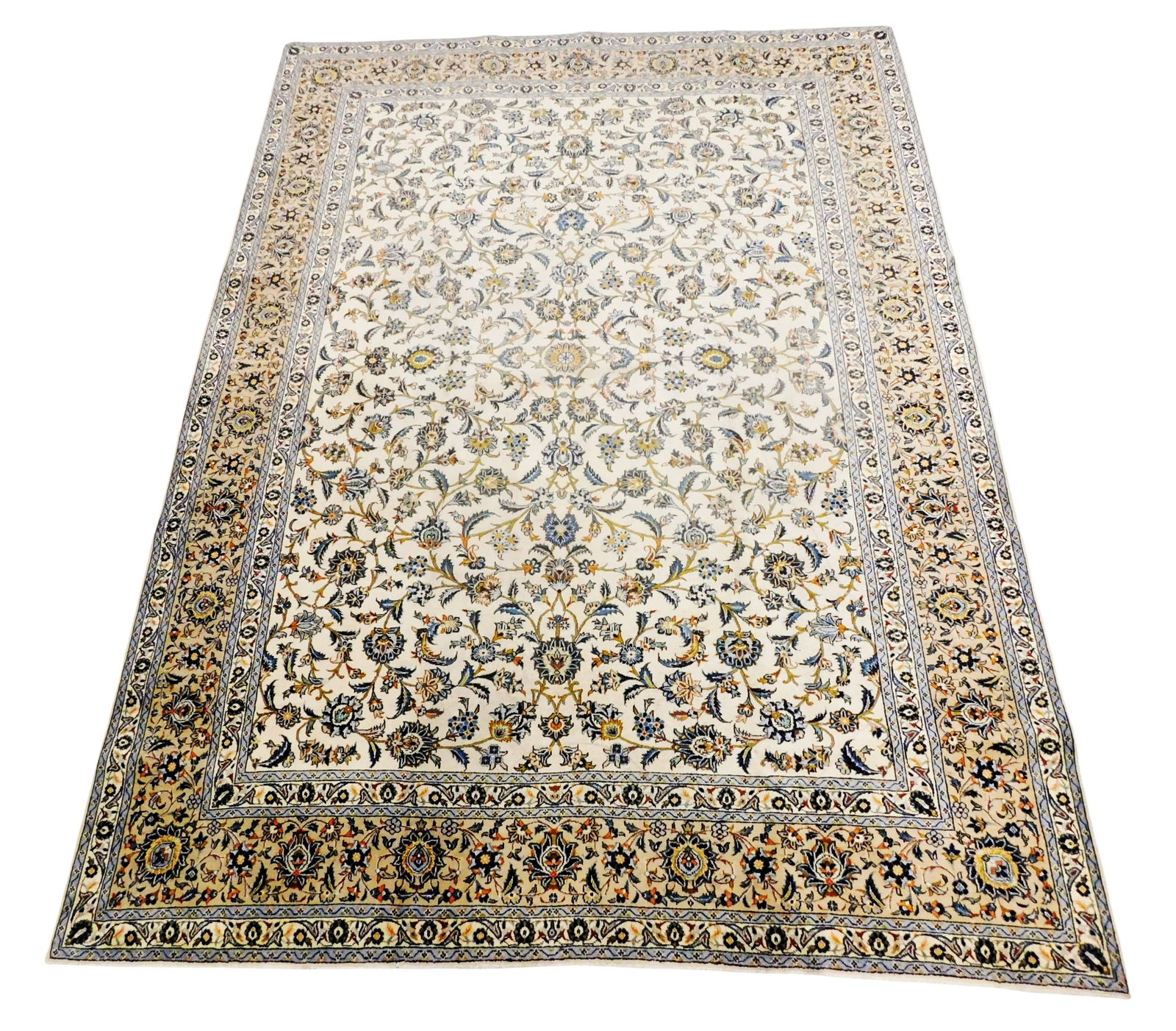 RUG: Kashan carpet, finely woven, 10' x 13', c. 1940's, wool on cotton, allover blue floral vine (1 of 2)