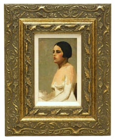 Oil on artist board, study of nude woman, seated, inscription at lower left, framed, wear consistent