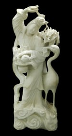 ASIAN: Carved sculpture, Guanyin with crane, Chinese, 20th C., white quartzite, depicts standing