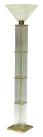 Gaetano Sciolari style floor lamp, Mid-Century Modern form, four tier brass frame holds clear glass