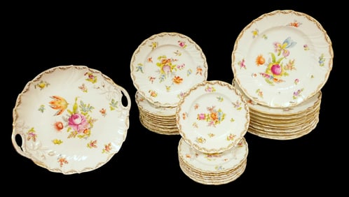 CHINA: Dresden porcelain with hand-painted floral decoration, twenty-eight pieces, all with green RL