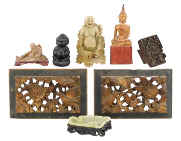ASIAN: Hardstone and wood carvings, eight pieces total, details include: pair wood carved Chinese
