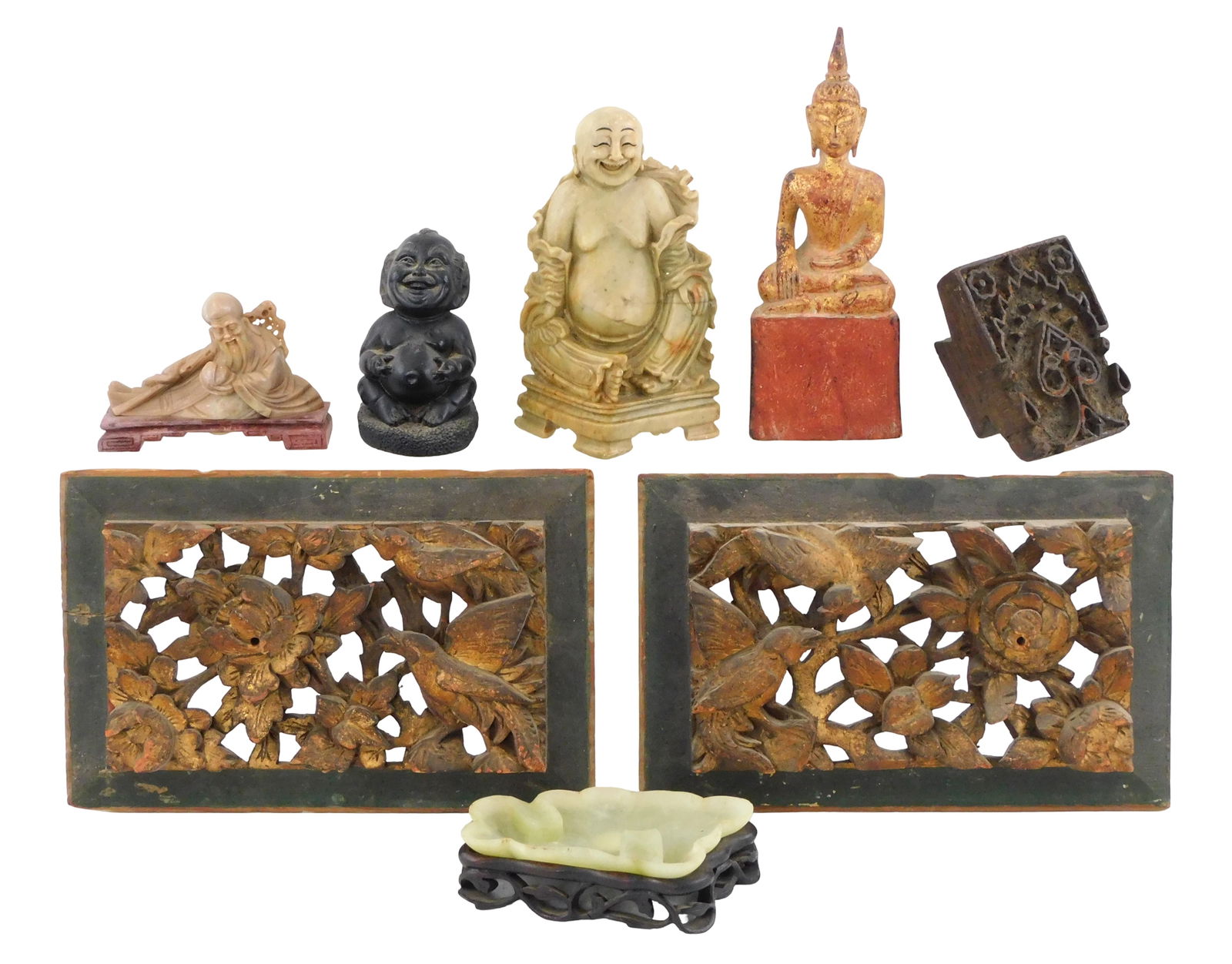 ASIAN: Hardstone and wood carvings, eight pieces total, details include: pair wood carved Chinese (1 of 4)