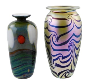 ART GLASS: Two pieces including one by Robert Eickholt, Aurene feathers, swirl vase ruby and gold,