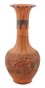 ASIAN: Large Japanese Tokonome redware pottery vase, likely Meiji Period (1868-1912),
