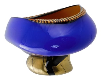+ART GLASS: David Garcia, (20th/21st C.) large blown glass console bowl, cobalt and gold with yellow