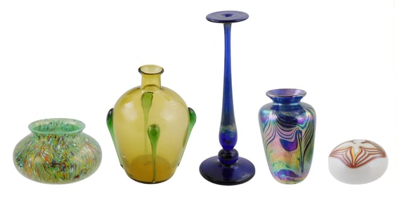 ART GLASS: Fellerman feathered paperweight in red and yellow on white ground, 3 1/2: diam.;