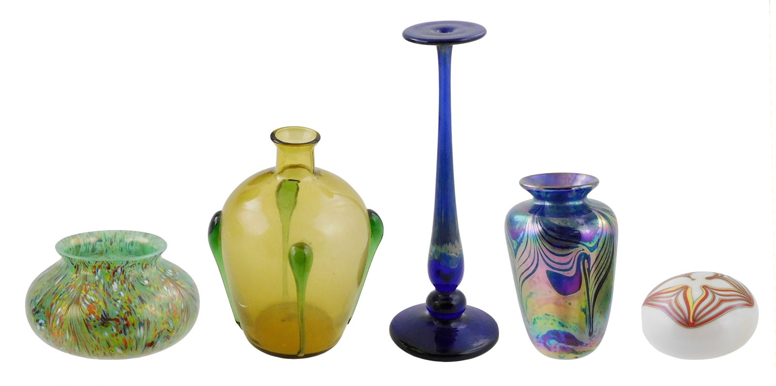 ART GLASS: Fellerman feathered paperweight in red and yellow on white ground, 3 1/2: diam.; (1 of 3)