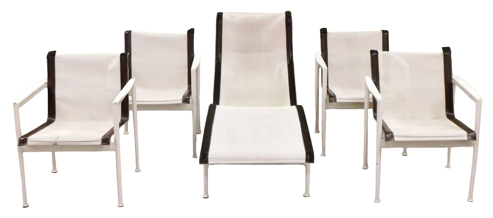 GARDEN: Knoll patio set, designed by Richard Schultz, c. 1970's, enameled aluminum and steel,: GARDEN: Knoll patio set, designed by Richard Schultz, c. 1970's, enameled aluminum and steel, plastic webbing, stitched leather trim, unmarked, pieces include: one chaise and four chairs, metal frame