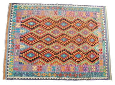 RUG: Turkish Kilim, 5' 10" x 7' 9", wool on wool, polychrome geometric design, wear consistent with