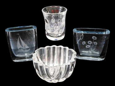 GLASS: Four Scandinavian glass vessels, including one Kosta, one Orrefors and two others: crystal