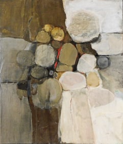 +Esther Katz (American, 20th/21st century), mixed media on canvas, c. 1970's, stylized depiction