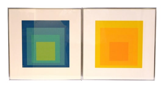 In the manner of Josef Albers, two framed screen prints after "Homage of the Square" series, unknown