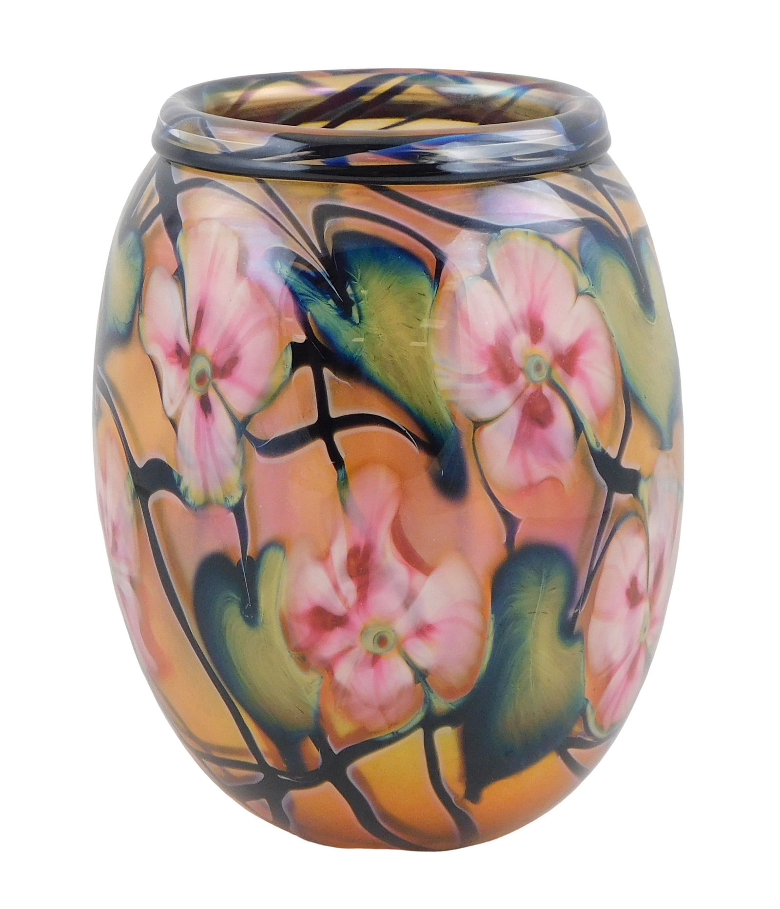 ART GLASS: Charles Lotton (American, 1935 - 2021) large pink and gold floral vase, signed and dated (1 of 3)